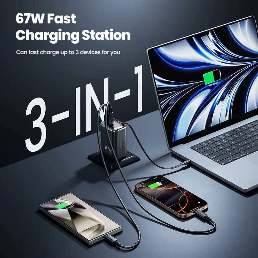Black - [GaN Tech] Toocki TCT67-34B1 67W 3-in-1 USB PD Charger with Retractable Cable PD Fast Chargi