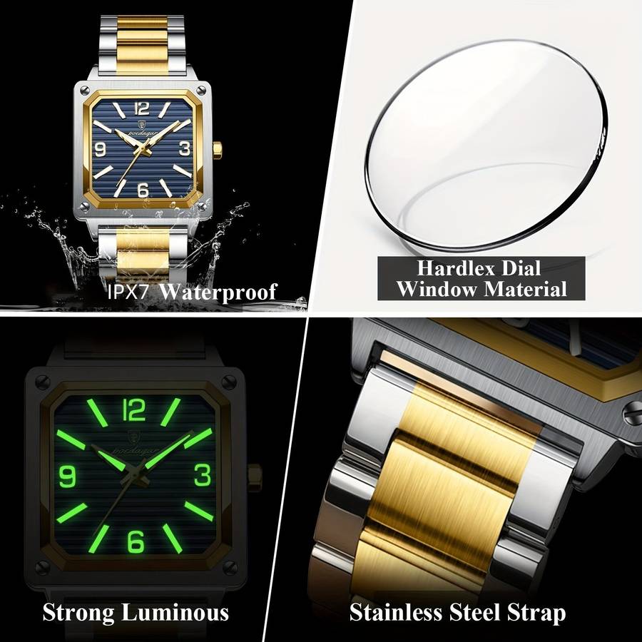 Gold+Black - POEDAGAR Luxury Fashion Men's Square Business Quartz Watch Waterproof Luminous Stainles