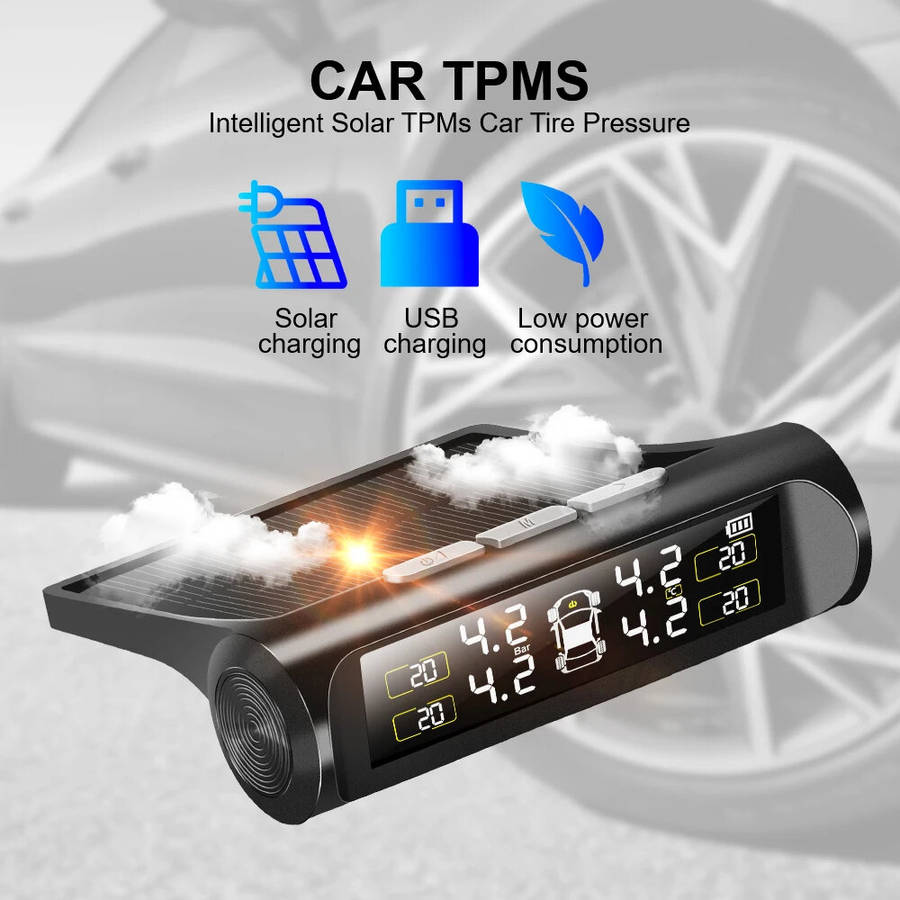 Black - Wireless Car TPMS Tire Pressure Monitoring System External Sensor Solar Power Auto Security
