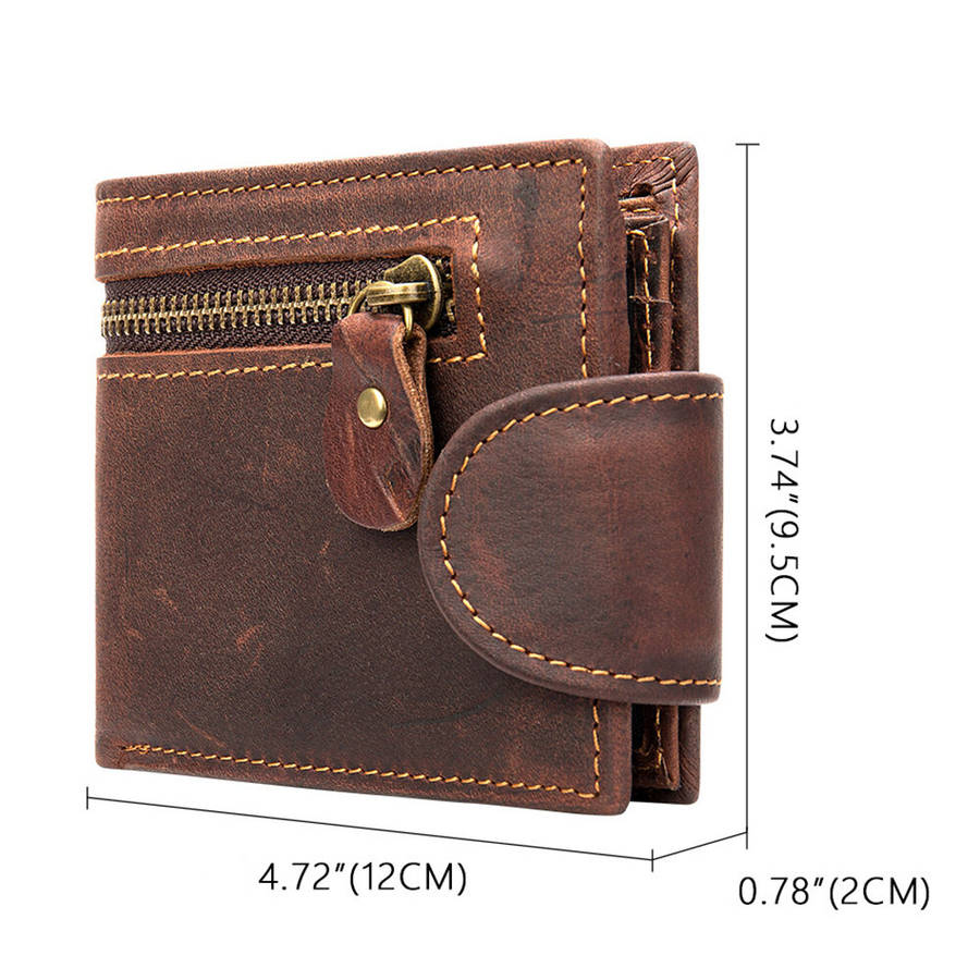 Black - Ekphero Men's Vintage Genuine Leather Short Wallet with Zipper Pocket and Snap Closure Styli