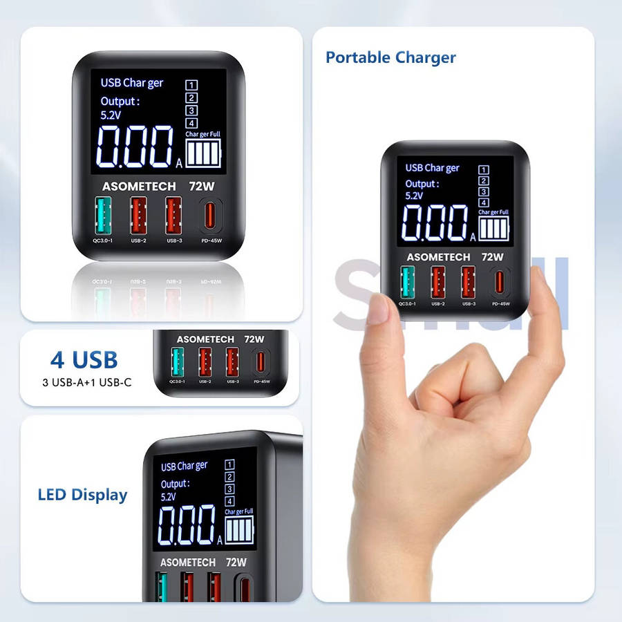 EU Plug - [GaN Tech] WLX-A9T 72W 4-Port USB PD Charger 3USB-A+USB-C PD3.0 QC3.0 AFC FCP SCP PPS Fast