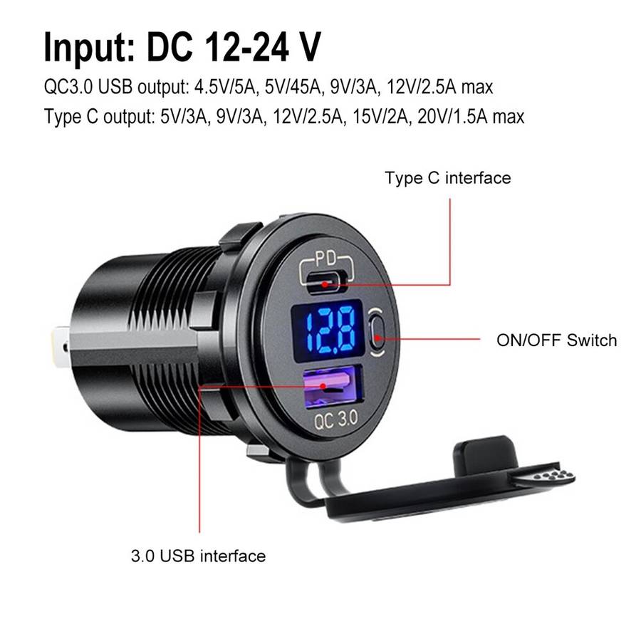 Green - 12-24V 48W Dual USB Car Charger Socket PD3.0&QC3.0 with LED Voltmeter ON/Off Switch Fast Cha