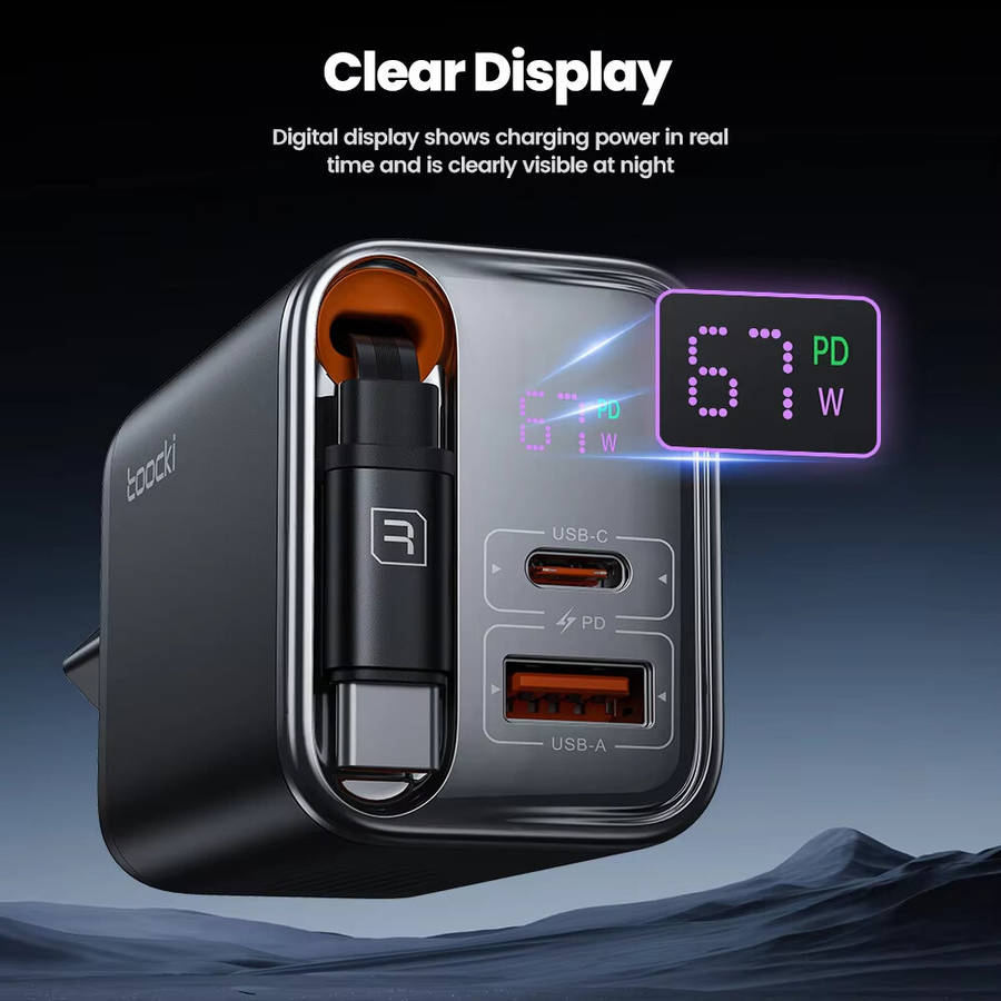 Black - [GaN Tech] Toocki TCT67-34B1 67W 3-in-1 USB PD Charger with Retractable Cable PD Fast Chargi