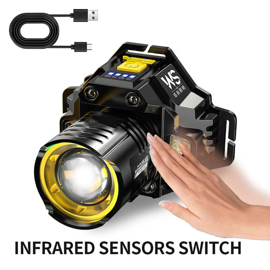 Black - Rechargeable Geste Sensor Zoomable LED Headlamp Outdoor Hand-free Strong Headlight 5 Modes M