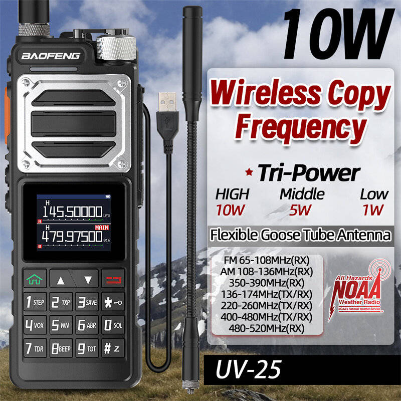 Baofeng UV-25 10W Walkie Talkie Six-Band Long Range Wireless Copy Frequency FM Radio Type-C Ham Two-