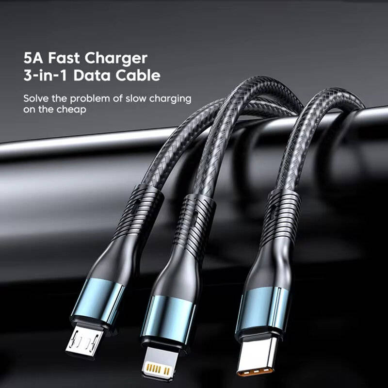 1.2M - 5A 120W USB-A to Type-C/iP/Micro USB Cable Fast Charging Data Transmission Copper Core Line 1