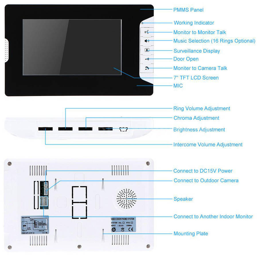 Black - 7" TFT Color LCD Display Video Door Phone Intercom Doorbell System Kit IR Night Vision Rainp