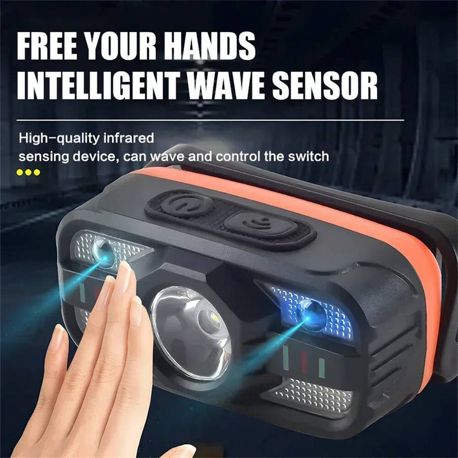 Black - Mini Rechargeable LED Headlight Powerful Inductive Head Lamp White and Red Light Outdoor Cam