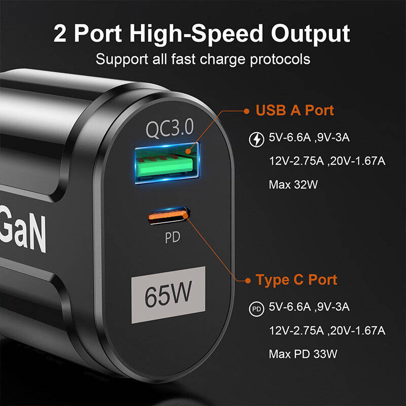 Black - [GaN Tech] USLION 65W 2-Port USB PD Charger 33W USB-C PD+33W QC3.0 PD3.0 FCP AFC Fast Chargi