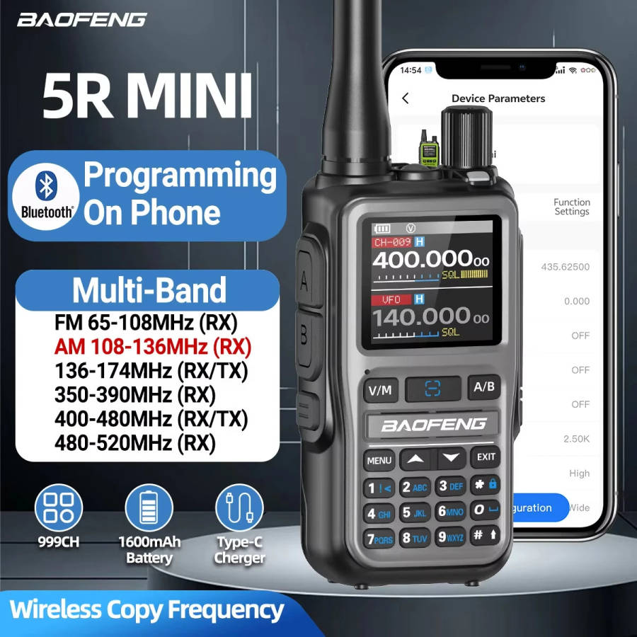 Black -Baofeng UV-5R Mini 5W Power Multi-Band Walkie Talkie 999 Channels bluetooth Programmable - LS