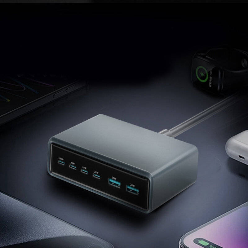 Black - [GaN Tech] 200W 6-Port USB Charger 4USB-C+2USB-A Fast Charging Desktop Charging Station EU P