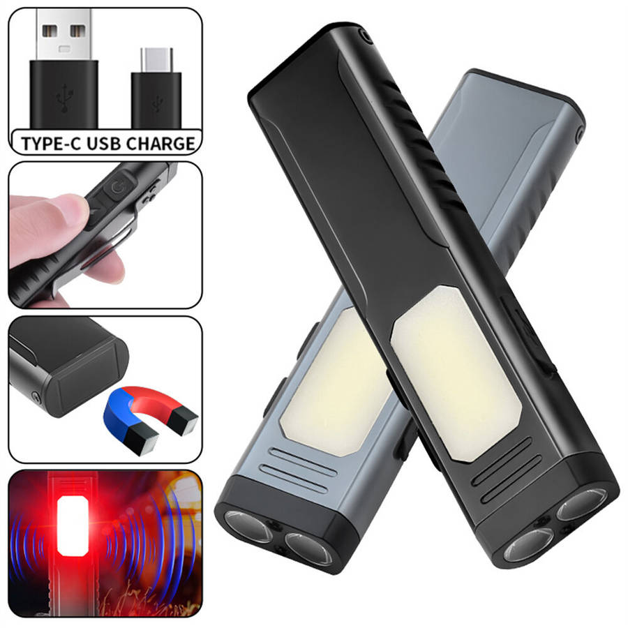 Grey - Multi-Functional USB Rechargeable Work Light with Pen Clip and Buzzer Strong Magnetic COB Alu