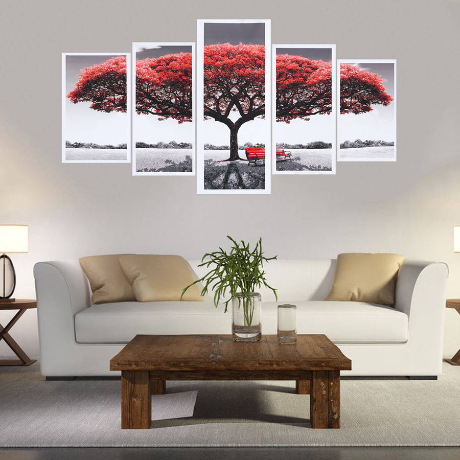 5Pcs Red Tree Canvas Paintings Wall Decorative Print Art Pictures Unframed Wall Hanging Home Office