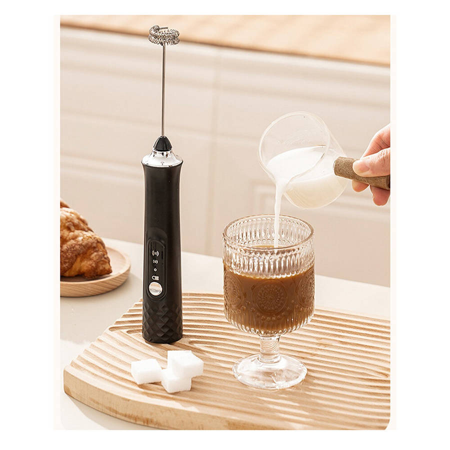 Black - Comfook Rechargeable Handheld Milk Frother with 3 Speed Settings 3 Whisk Heads for Coffee, E