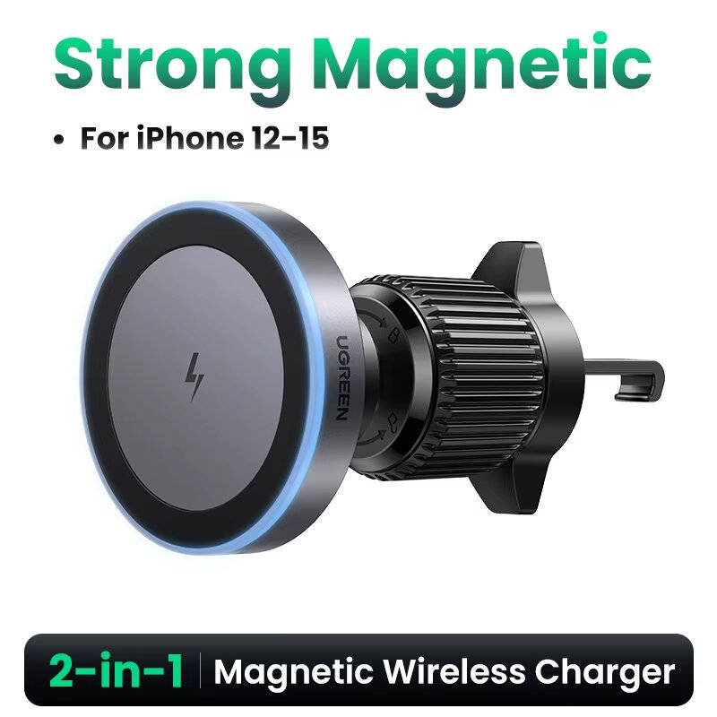 Black - UGREEN Magnetic Car Phone Holder Wireless Charger Stand for Magsafe Car Charger LED Light fo