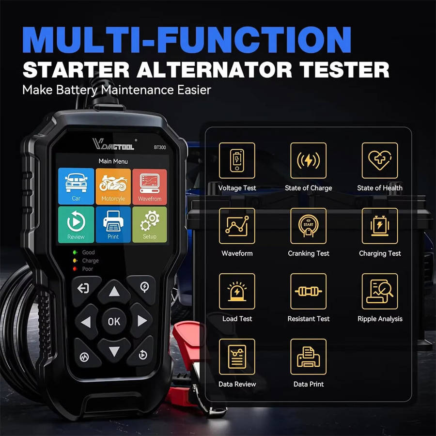 Black - VDIAGTOOL BT300 6V 12V Car Battery Tester Automotive Charging Cranking System Tester for Mot
