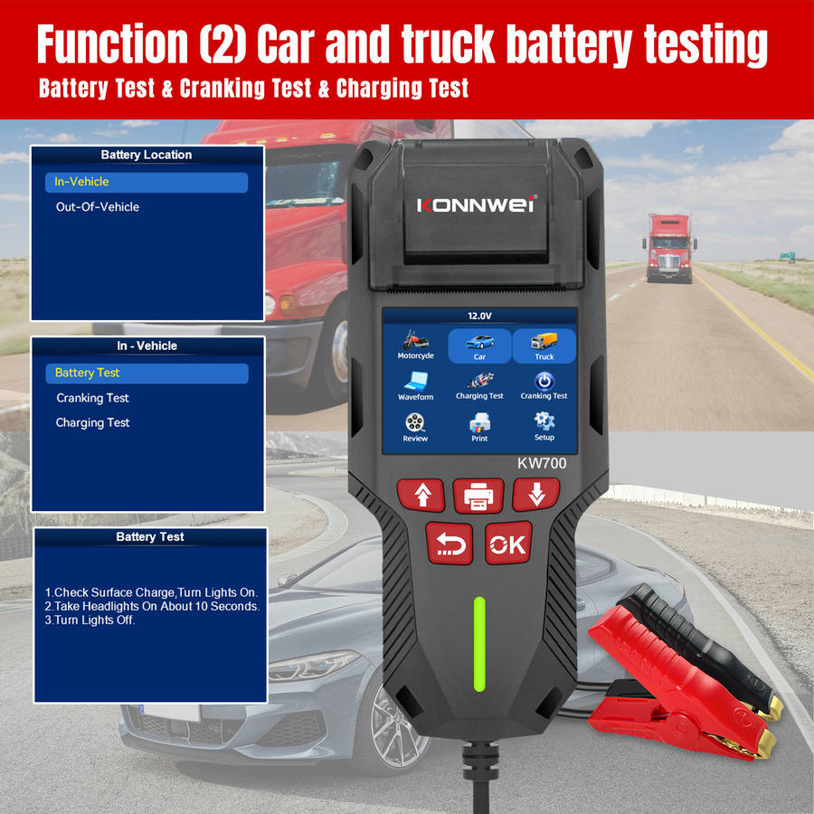 Black - Konnwei KW700 12V 24V Car Truck Automotive Lead-Acid Battery Tester With Printer Battery Ana