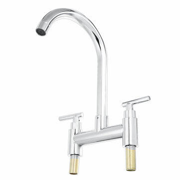 Modern Dual Lever Chrome Kitchen Sink Faucet Hot Cold Mixer Taps Deck Mounted Tap 2 Hole