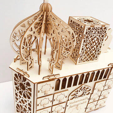 Wooden Mubarak Ramadan Advent Calendar 30 Day House Drawer LED Decor