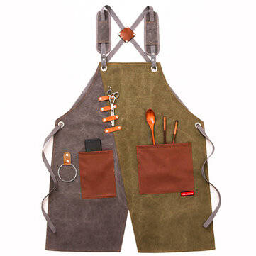 Cowboy Denim Apron Shop Apron Pockets Waxed Wax Cloth Waterproof Apron Woodwo... (COLOR: GREY&GREEN)