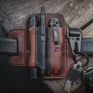 EDC Genuine Leather Multitool Flashlight Belt Sheath With Keychain (COLOR: BROWN)