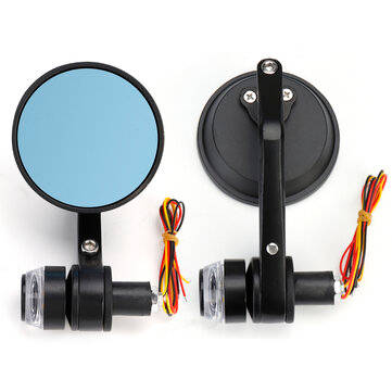 2Pcs 7/8`` Handbar Motorcycle Side Rearview Mirrors Bar End Turn Signals Light