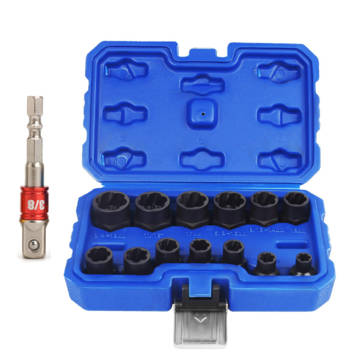 Drillpro 14Pcs Impact Damaged Bolt Nut Remover Extractor Socket Tool Set with Socket Nut Adapter Bol