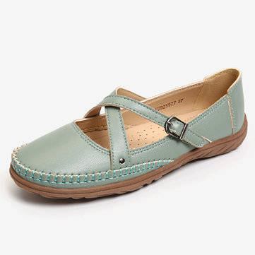 Women Cross Strap Stitching Buckle Slip Resistant Flats (SIZE: 9 | SHOE COLOR: GREEN)