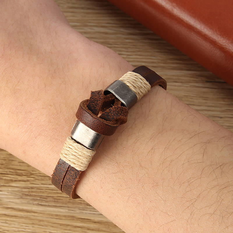 European Style Retro Vintage Leather Men Bracelet Buckle Double layers Chain (Color Brown)