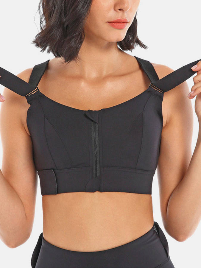 Women Adjustable Front Zipper Sports Bra Shockproof Breathable Rimless Sports Y