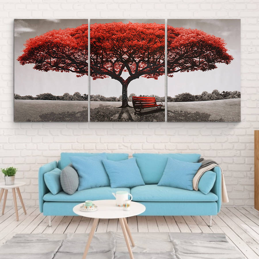 3 Pcs Wall Decorative Paintings Red Tree Canvas Print Art Pictures Frame