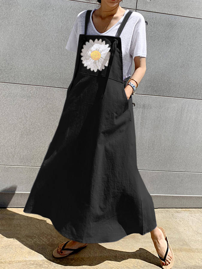 Small Daisies Print Adjustable Strap Casual Loose A-line Maxi Dress with Pocket (Size S Color Khaki)