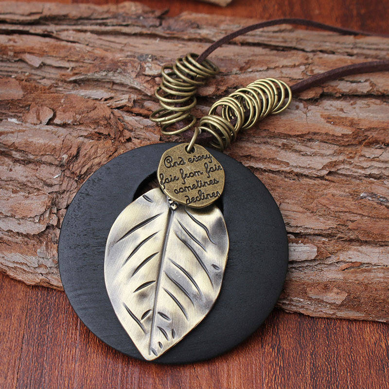 Ethnic Wood Alloy Leaf Pendant Necklaces Vintage Leather Rope Long Sweater Necklace For Men (NO. 01)