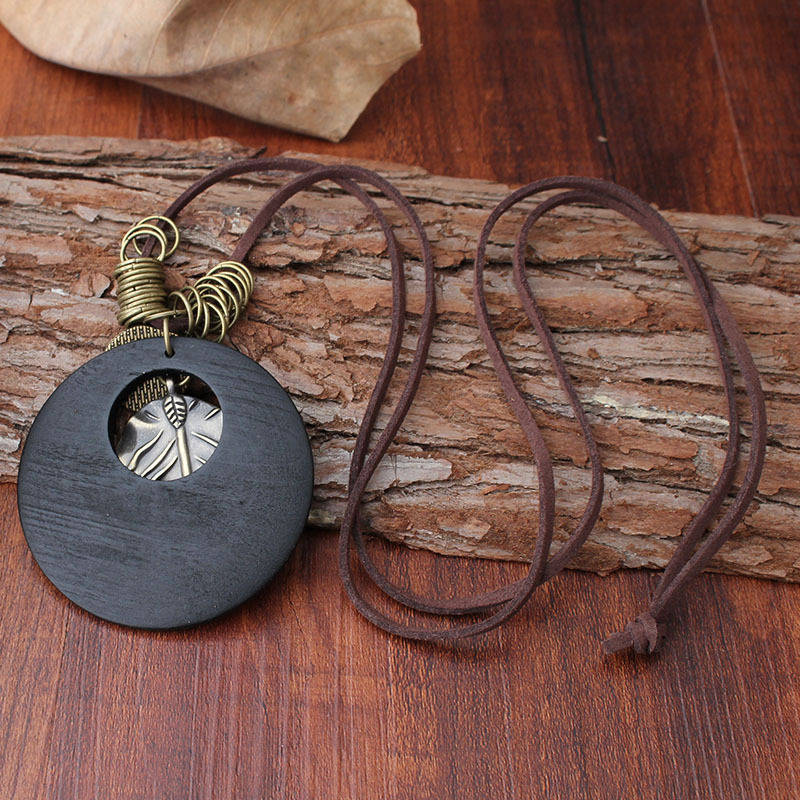 Ethnic Wood Alloy Leaf Pendant Necklaces Vintage Leather Rope Long Sweater Necklace For Men (NO. 01)