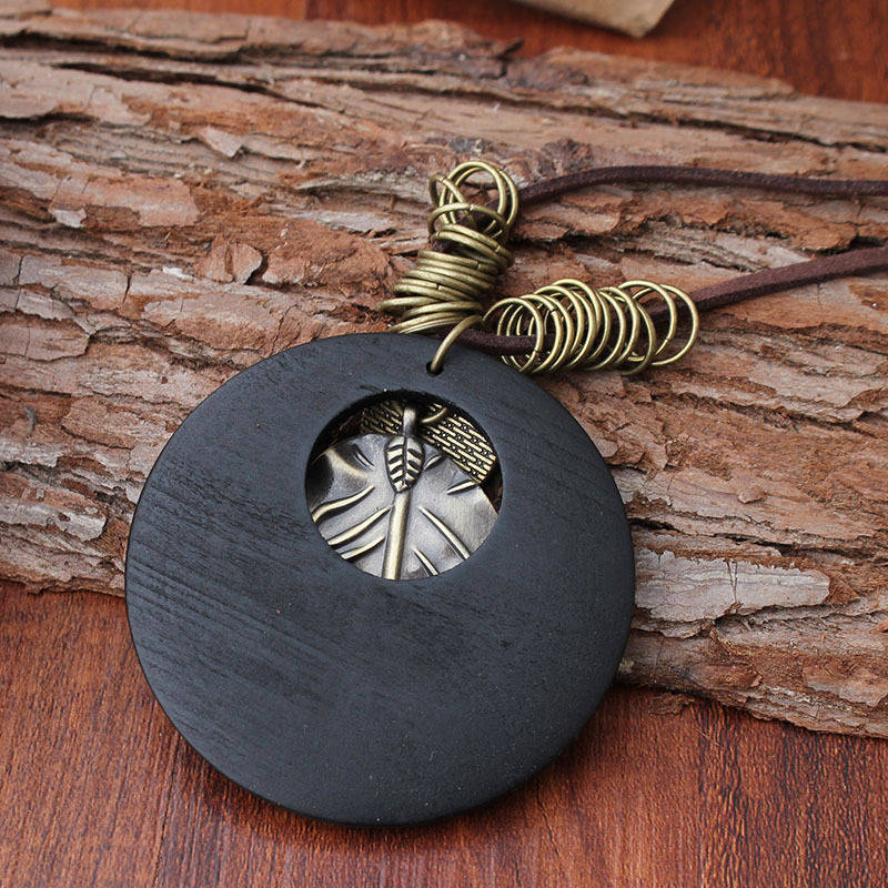 Ethnic Wood Alloy Leaf Pendant Necklaces Vintage Leather Rope Long Sweater Necklace For Men (NO. 01)