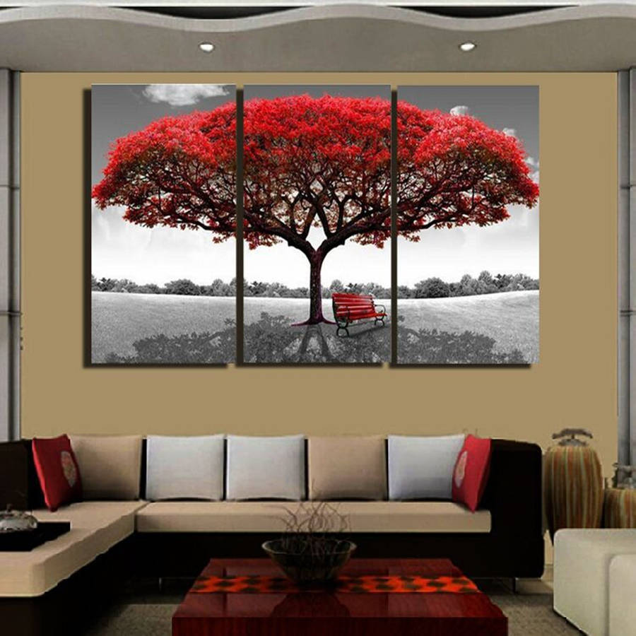 3 Pcs Wall Decorative Paintings Red Tree Canvas Print Art Pictures Frame