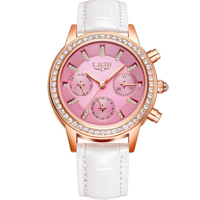 New LIGE 9812 Elegant Design Date Display Ladies Wrist Watch Diamonds Leather Ba