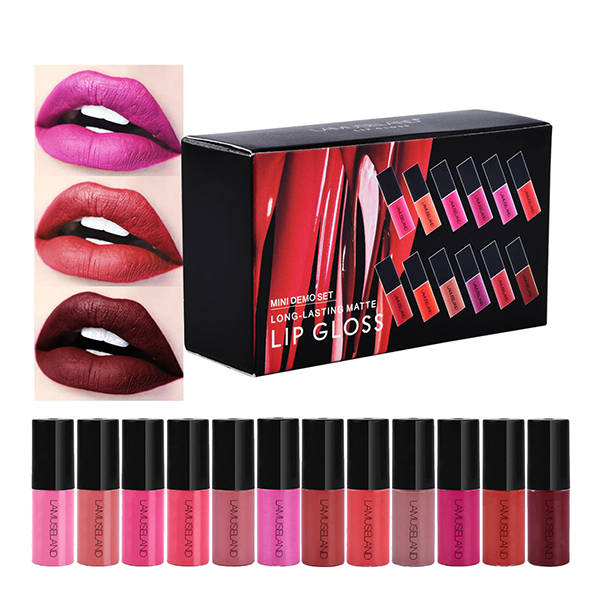12 Colors Matte Liquid Lip Stick Set Mini Lip Gloss Travel Kit Long-Lasting Waterproof