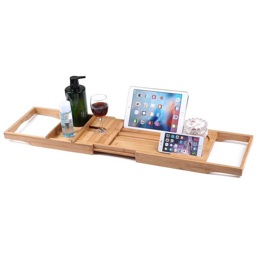 New Honana BX-816 Expandable Bamboo Bath Caddy Wine Glass Holder Tray Over Bathtub Rack Suppor