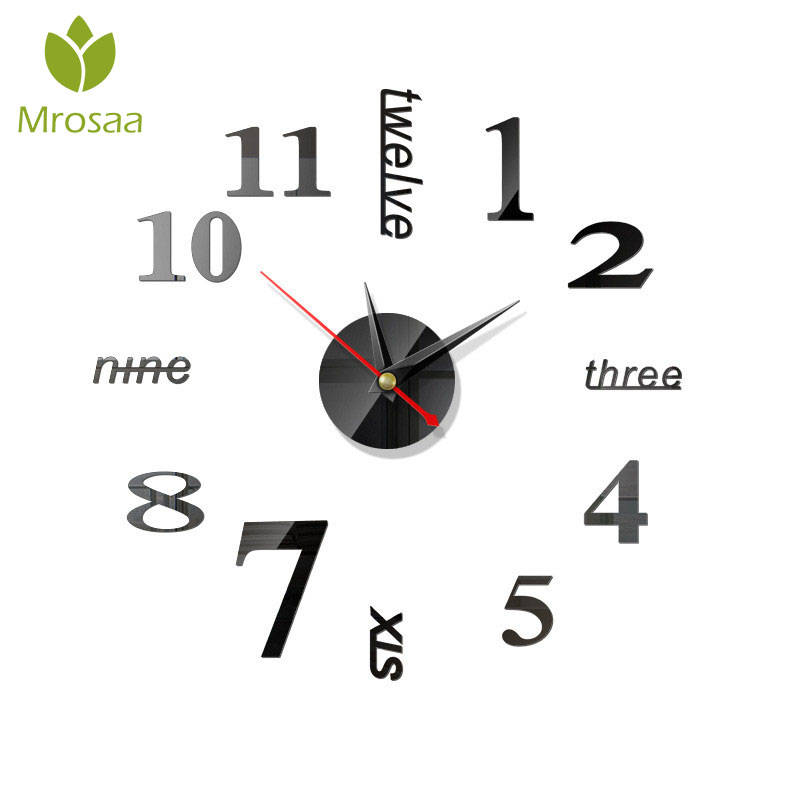 3D Acrylic DIY Large Wall Clock Mirror Surface Sticker 5 Color Home Office Decor