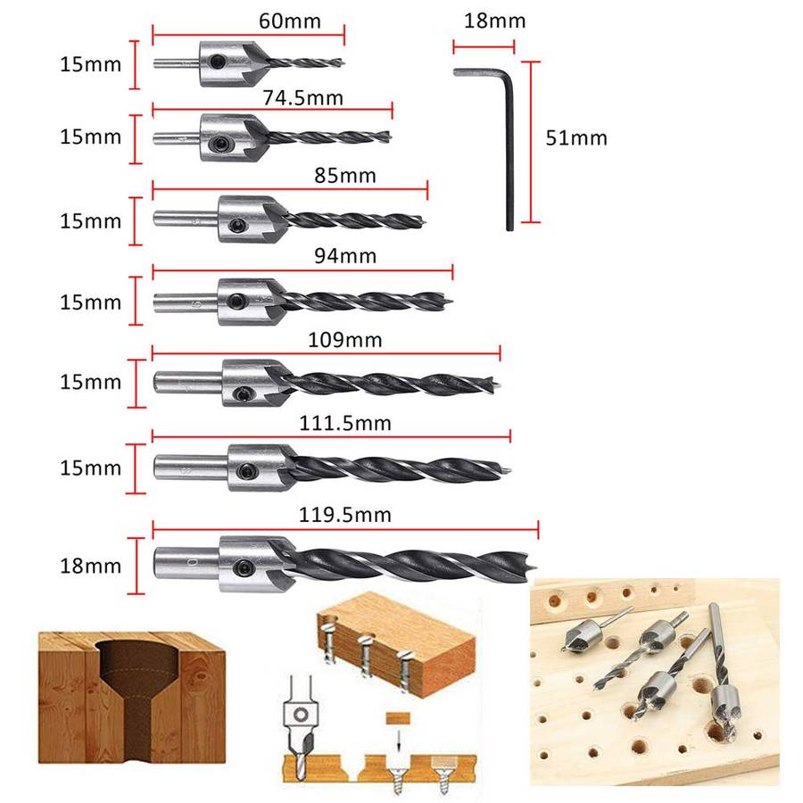 Drillpro 23Pcs Woodworking Chamfer Countersink Drill Bit 6pcs 1/4 Inch Hex 5 Flute 90 Degree Counter