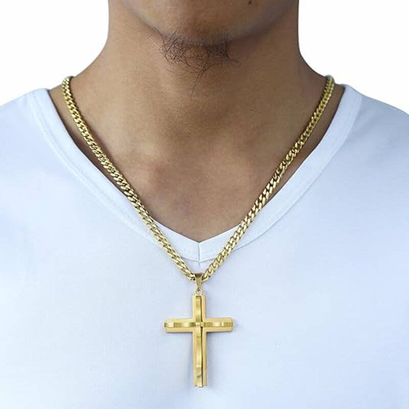 Gold - Cross Pendant Necklaces For Men Women Golden Silvery Stainless Steel Charm Chain Male Hip Hop