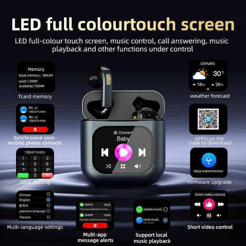 8GB RAM - K1 TWS bluetooth Earphone LCD Touch Screen Earbuds 8G Memory ENC HD Calls Low Latency Port