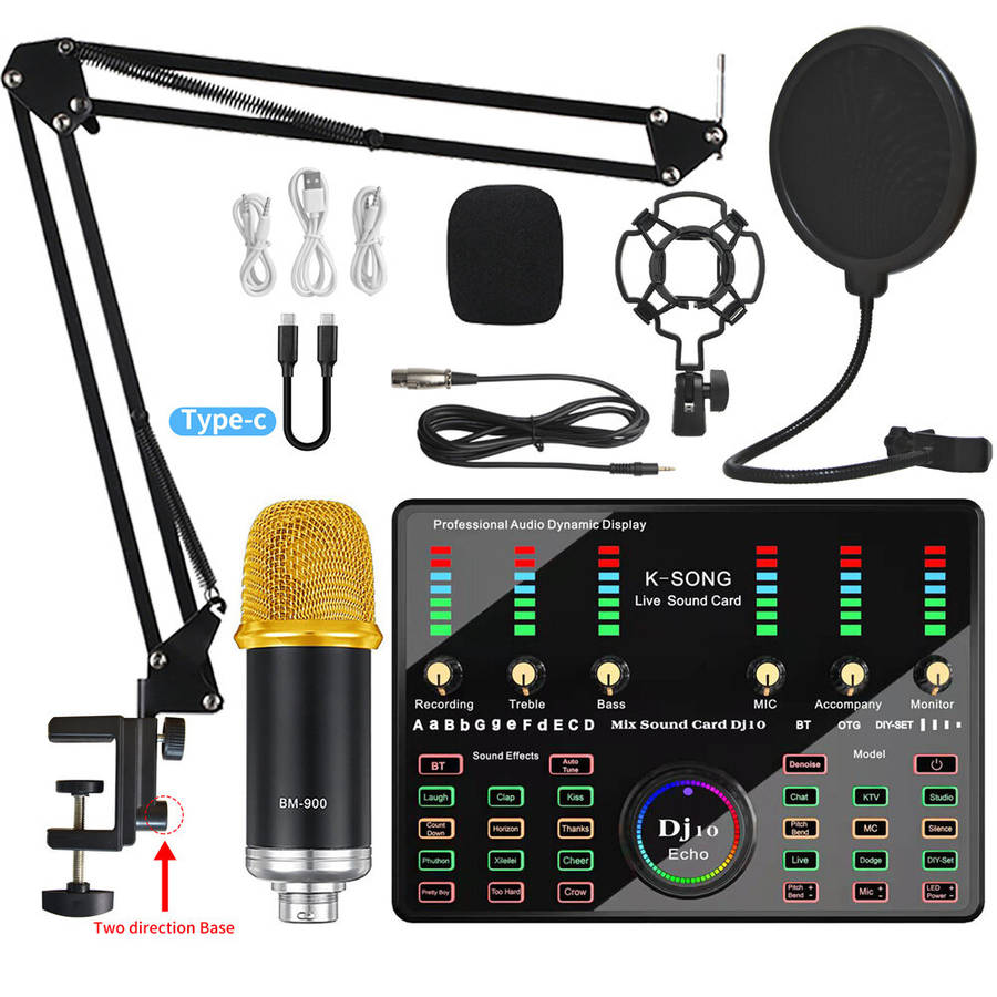 A - Microphone Sound Recording Microphone Kit With DJ10 Sound Card For Radio Braodcasting Singing Re