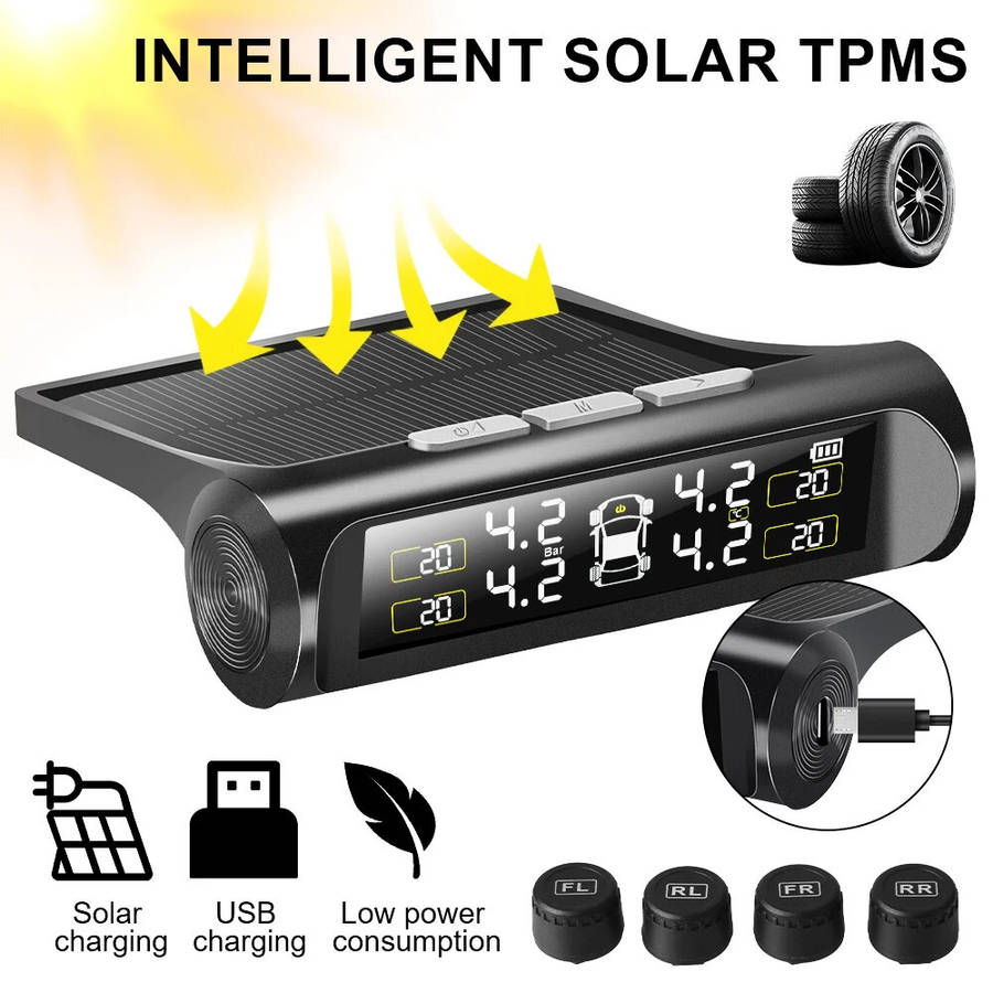 Black - Wireless Car TPMS Tire Pressure Monitoring System External Sensor Solar Power Auto Security