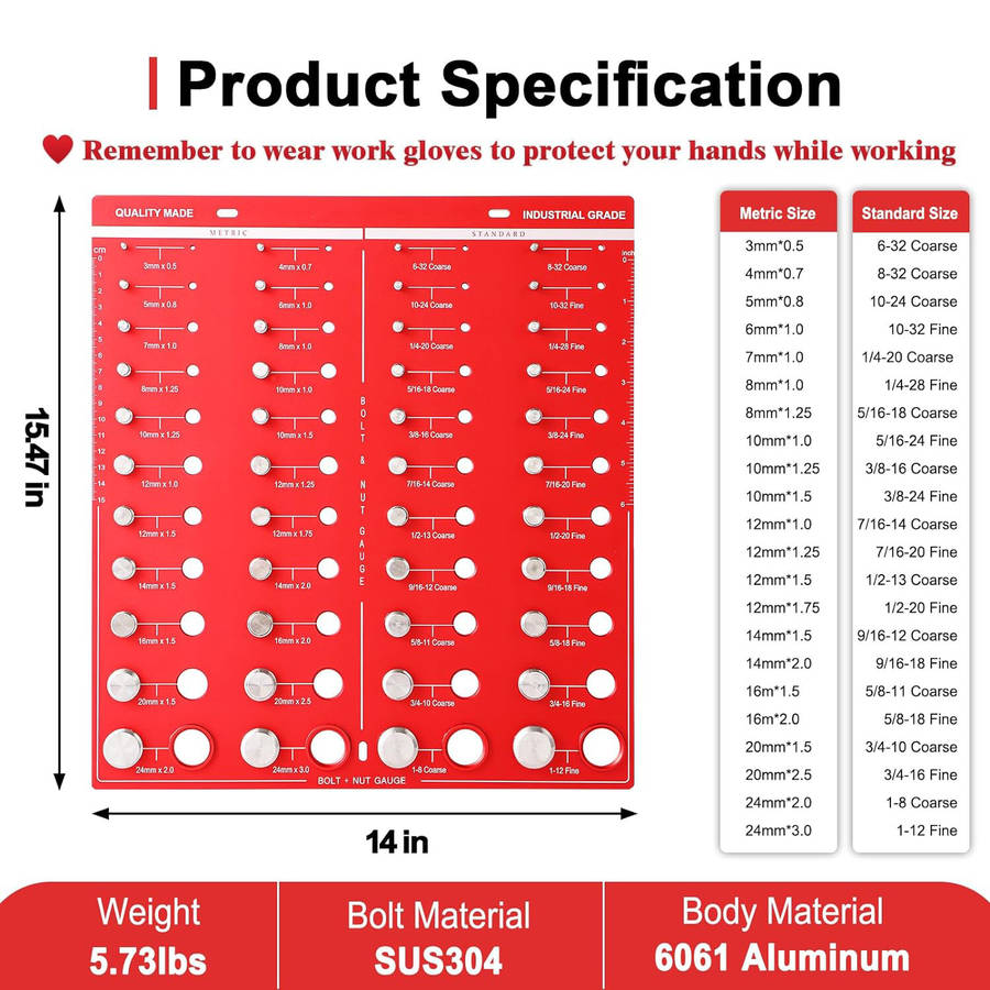 44 Nut and Bolt Thread Checker Bolt Size and Thread Gauge Identifier Standard Ruler with Inches and