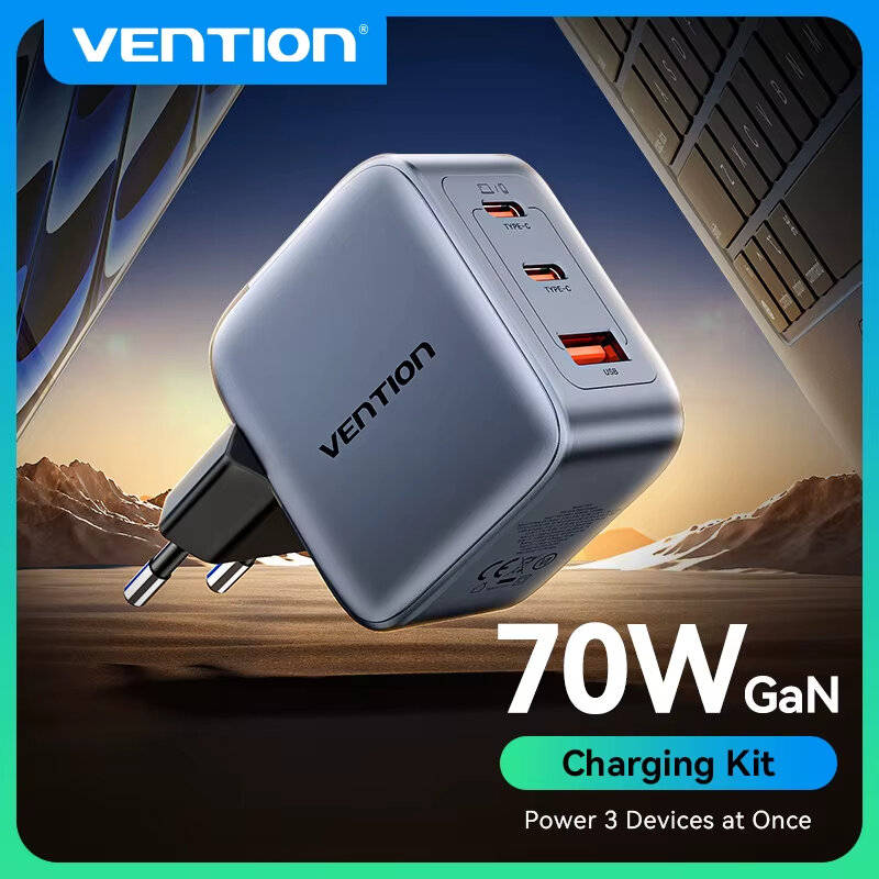 EU Plug - [GaN Tech] Vention 70W 3-Port USB PD Charger USB-A+2USB-C PD3.0 QC4.0 3.0 PPS AFC SCP FCP