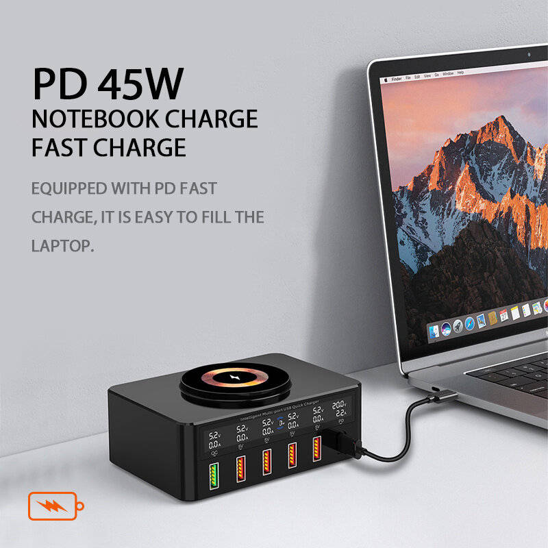 WLX-818H 65W 6-Port USB PD Charger 5USB-A+USB-C PD QC3.0 Fast Wireless Charger Desktop Charging Stat