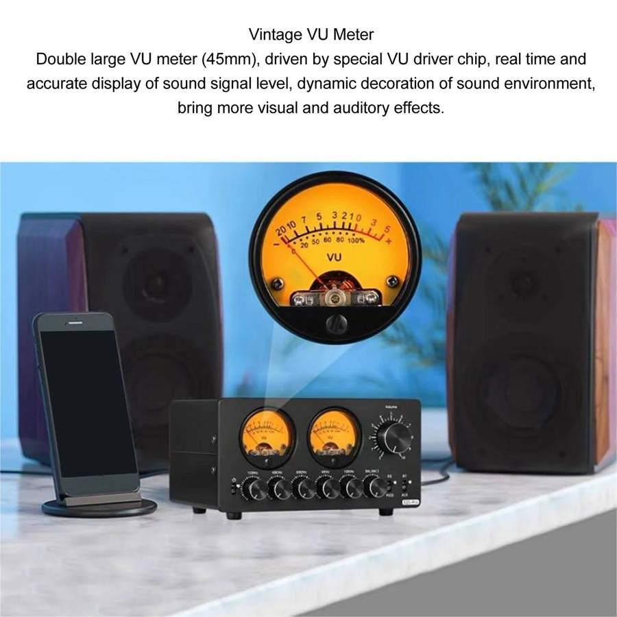 Black - 5 Band EQ Equalizer Pre-amplifier bluetooth 5.0 Vintage VU Meter Stereo RCA AUX 100Hz to 10K