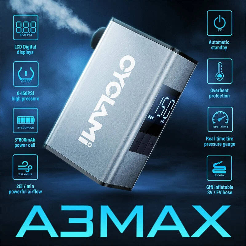 CYCLAMI A3 MAX 150PSI Mini Electric Bicycle Air Pump 1800mAh Battery Digital Tire Pressure Display O